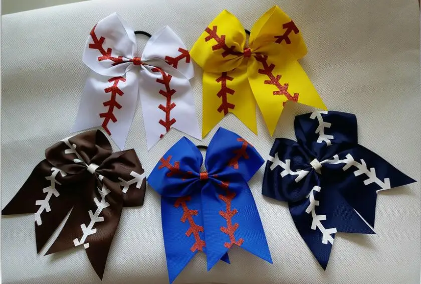 7" Large Ribbon Red Sliver Glitter Softball Cheer Bow Girls