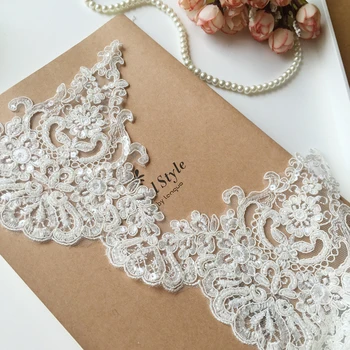 

Super! Palace wedding gowns sewing lace trimming with beads and sequins 5 yards! Rayon IVORY color embroidered Scallop trim lace
