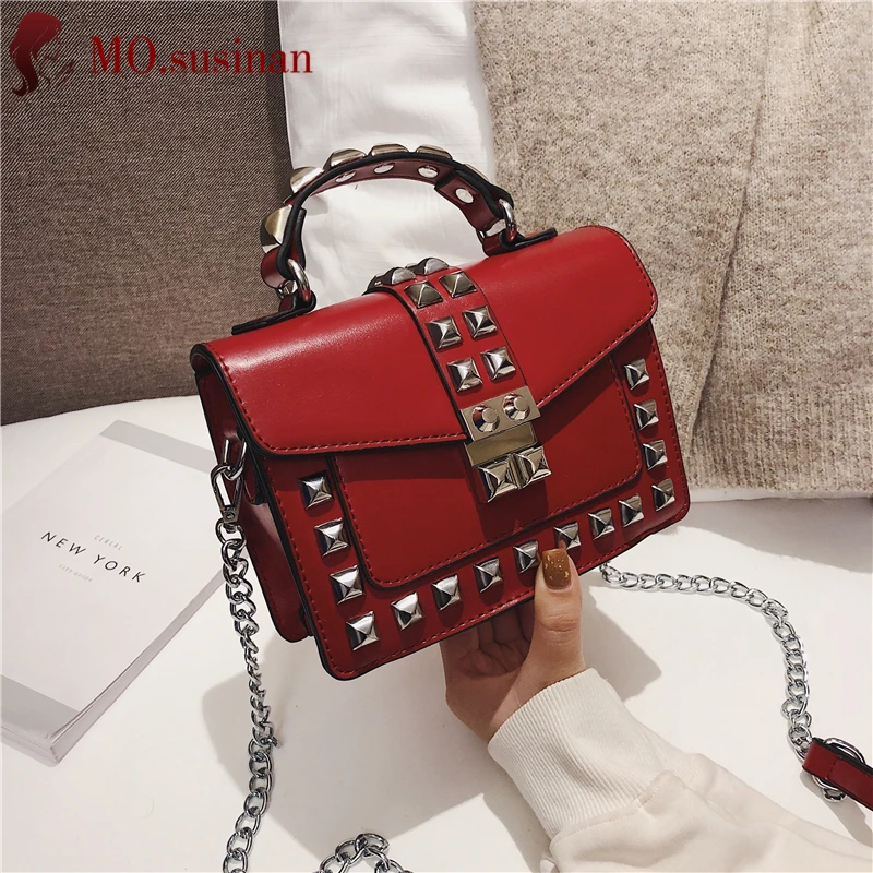 

Leather Ladies Handbags Mini Chain Crossbody Bags for Women Fashion Shoulder Bag Rivet Flap Tote Red Messenger Bag Female Bolsos