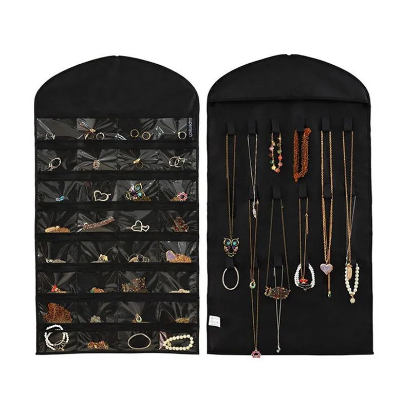 

46x81cm 1pc Black Ivory 32 Grid Double Sided Jewelry Hanging Bag Watch Earring Ring Pouch Organizer Bag Storage Displays Bag
