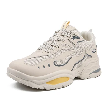 

2019 New Men Chunky Sneakers Beige Mesh Breathable Thick Sole Dad Shoes For Male Lace-up Handsome Men Casual Shoes