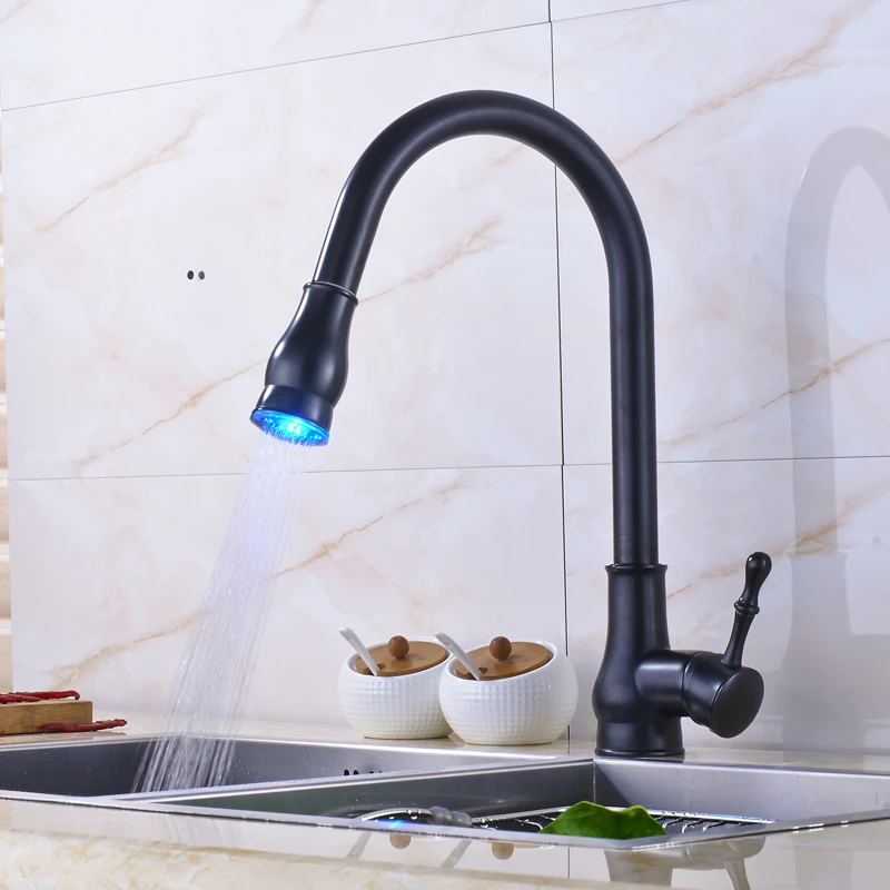 Single Handle LED Light Pull Out Kitchen Sink Faucet Deck Mounted Bathroom Kitchen Mixer Water Tap Oil Rubbed Bronze Finish