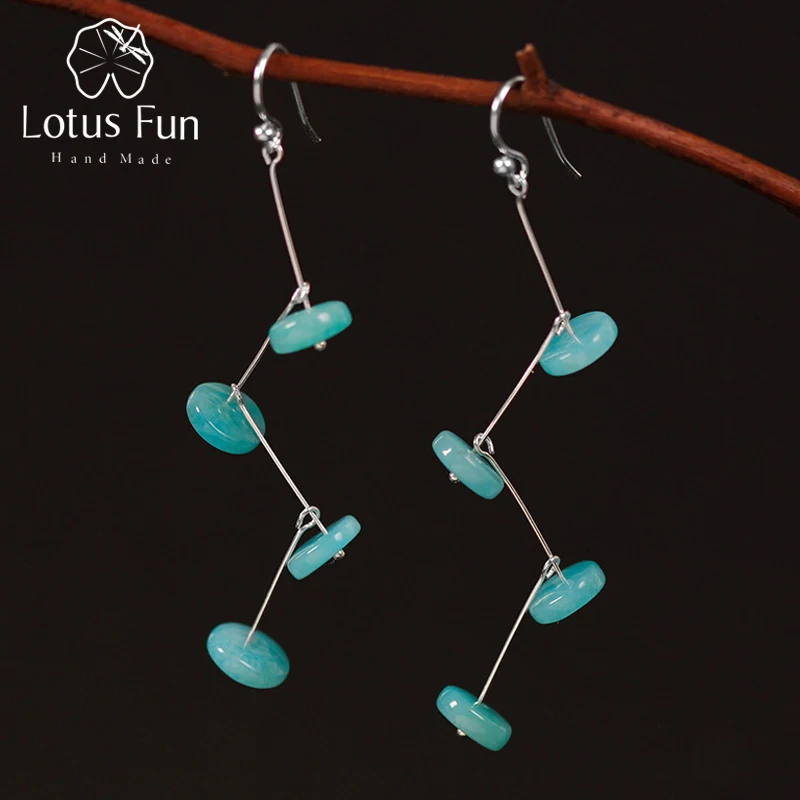 Lotus Fun Real 925 Sterling Silver Natural Amazonite Stones Handmade Designer Fine Jewelry Swaying Drop Earrings for Women