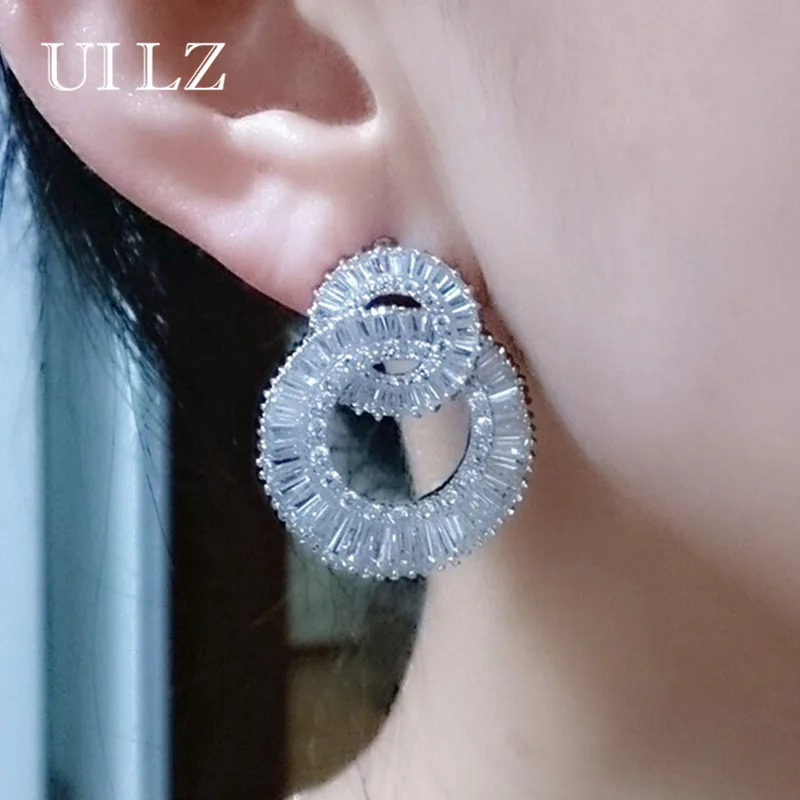 UILZ, Модный цветочный дизайн, 2 большие круглые серьги-гвоздики с белым кубическим цирконием, женские свадебные ювелирные изделия UE371