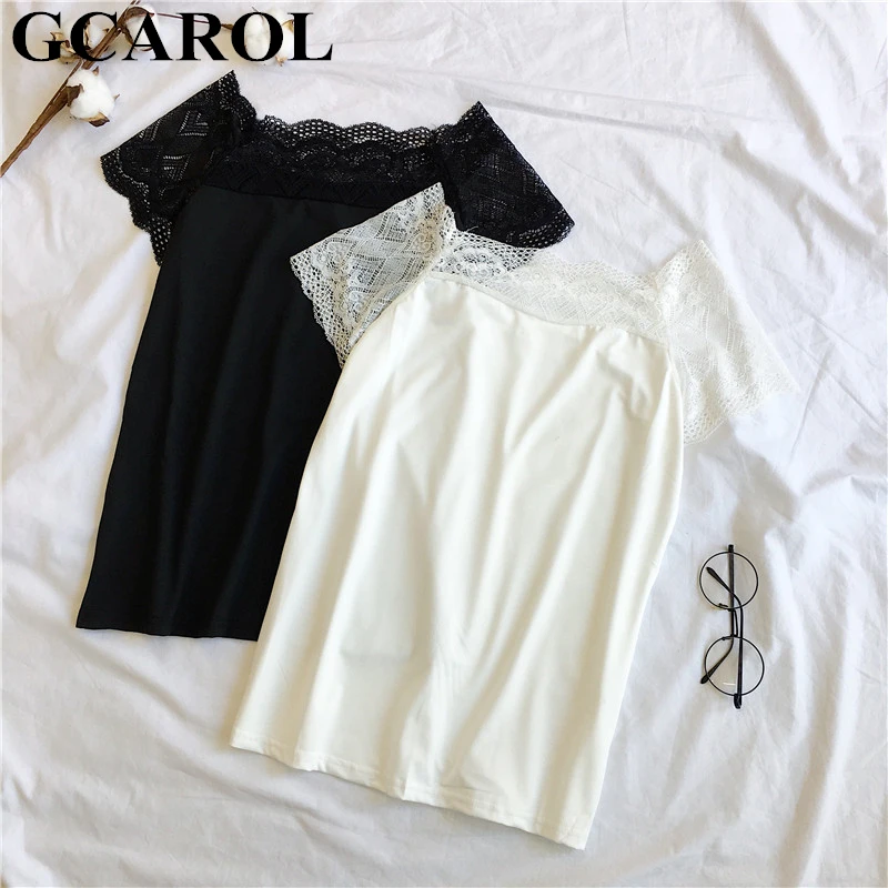 

GCAROL 2019 Summer Lace Spliced Sleeve T shirt Chic Sexy Black White Crop Tops Stretch High Street Basic Render Lace Tops