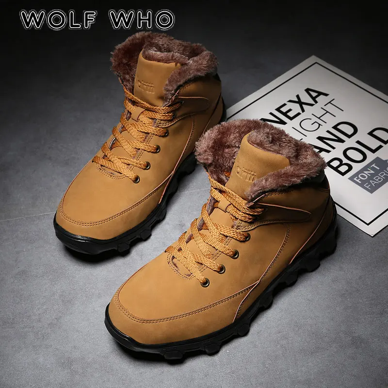 

WOLF WHO Brand Winter Men Fur Supper Warm Snow Boots Male Shoes Non Slip Rubber Casual Work Safety Plus Size Ankle Boots X-182