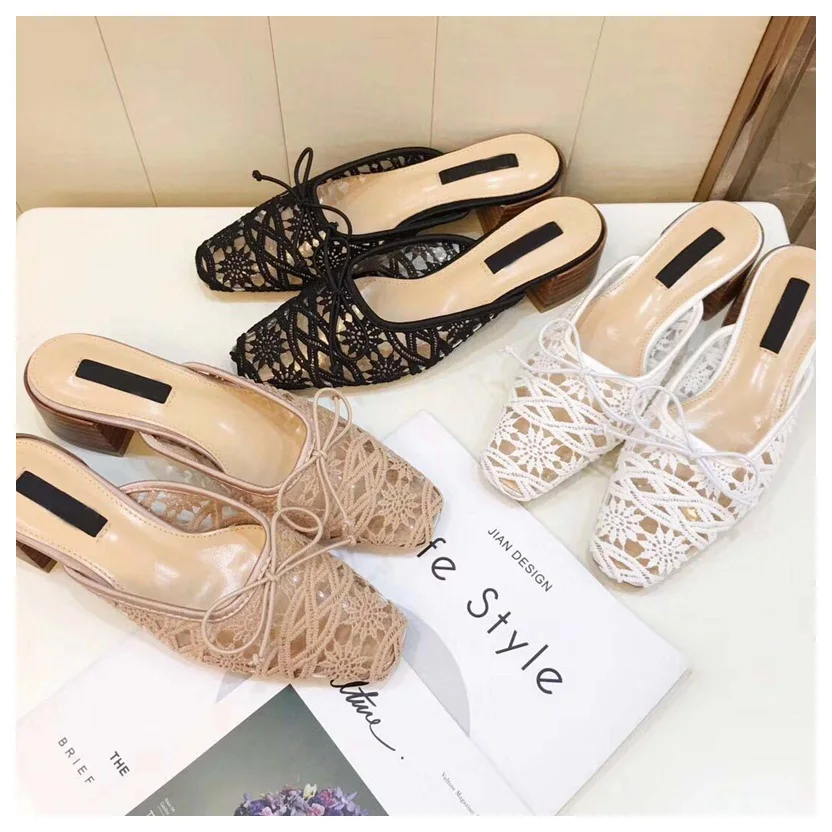 

DONLEE QUEEN 2019 Summer Women Slippers Lace Mule Shoes Med Heel Shallow Party Wedding Shoes Slip On Slides sandalias mujer Shoe