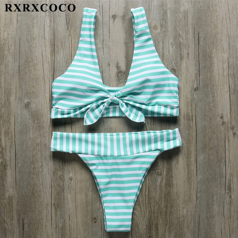 

RXRXCOCO New 2018 Bikini Striped Printed Bow Swimwear Women Bandage Beachwear Swimsuit Bikinis Push Up Low Waist Padded Badpak