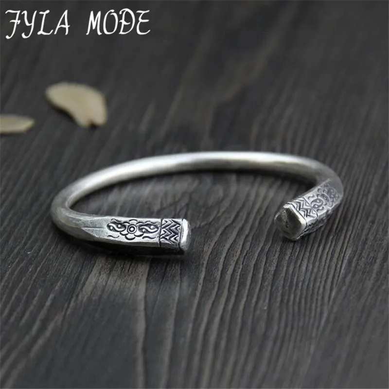 

Fyla Mode 999 Pure Silver Jewelry Vintage Thai Silver Bracelet 8mm Carved Bangles Fashion Female 32G WTB073