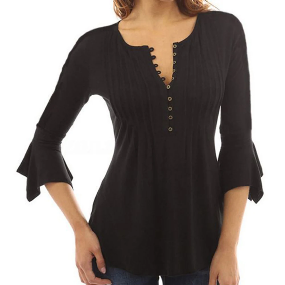 Women Blouse Autumn Casual Tops Femme Solid Pleated Seven-quarter Sleeve Clothing For Ladies 2019 A