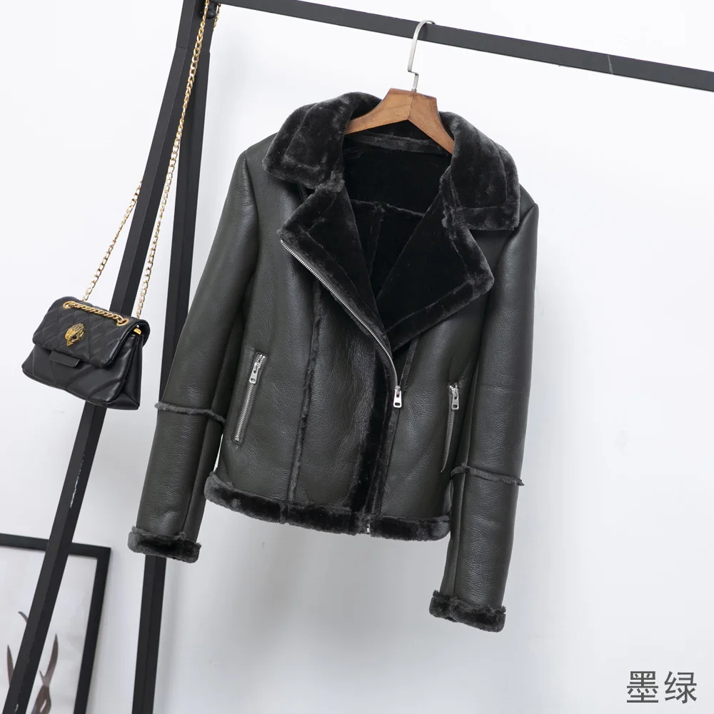 Yuxinfeng зимняя замшевая кожаная куртка для женщин на молнии толстое теплое пальто из овечьей шерсти мотоциклетная куртка теплая верхняя одежда повседневная