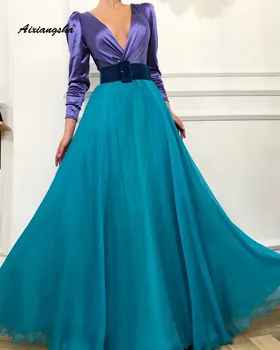 

Vestiso De Festa Satin Evening Dresses A-Line Deep V-Neck Sleeve Charming Long Formal Evening Dress