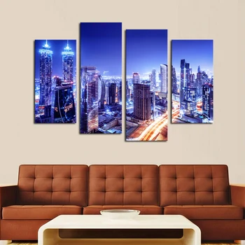 

2016 New High Quality Luxry Unframed 4 Piece City Lights Modern Wall Art HD Picture Canvas Print Painting For Living Room Decor