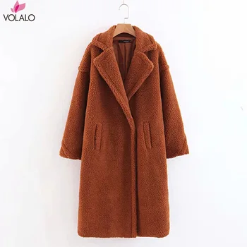 

Women Warm Faux Fur Lamb Cashmere Reversible Soild Long Outwear With Pockets Casual Winter Hooded Thick Cardigan Long Coat