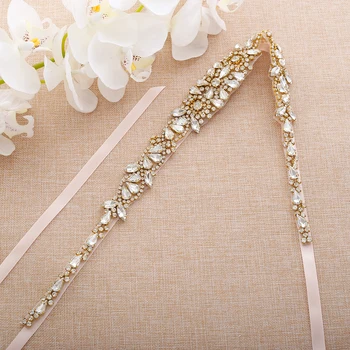 

Ribbons Pearls Wedding Dress Sash Rhinestones Bridal Belt Gold Crystal Wedding Belt For Wedding Bridesmaids Dress A146G