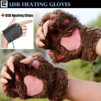 

10p Child Separate Type USB Electric Heating Gloves,Women Hand Back Heated Cartoon Cat Claw Bear Paw Half Finger Fleece Gloves