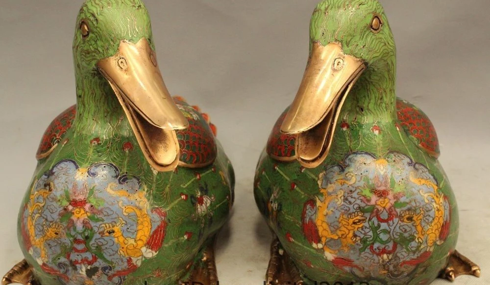 

13"Chinese 100% Cloisonne Enamel 24K Gold Carving Animal Bird Mandarin Duck Pair