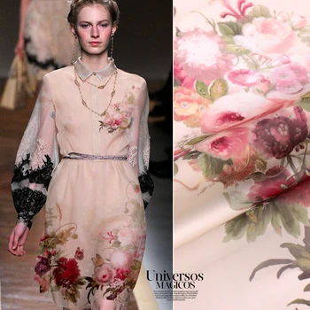 

138X140cm Impressionism Flowers 100% Mulberry Silk Organza Satin Transparent Fabric for Woman Summer Dresses Skirt Sewing