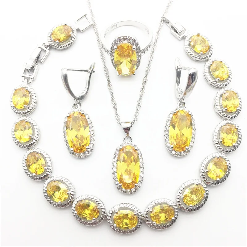 4PCS Sets Ювелирные изделия из стерлингового серебра 925 пробы желтые циркониевые белые с фианитом комплекты ювелирных изделий женские серьги/кулон/ожерелье/кольца/браслет - Окраска металла: 4PCS Sets