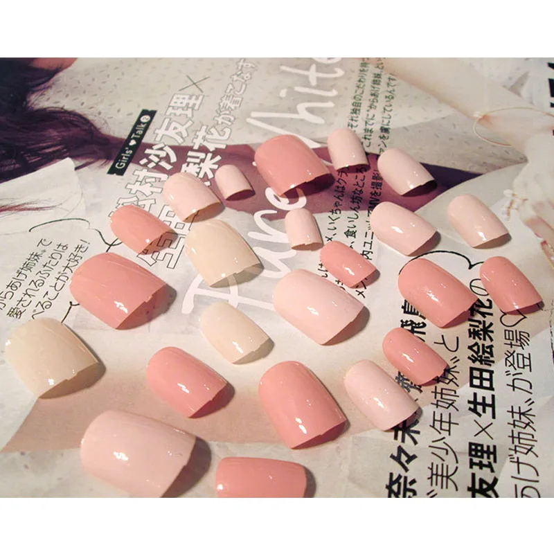 Модный дизайн ногтей 24 шт накладные ногти с клеем сладкие девушки сплошной цвет поддельные лак для ногтей розовый полное покрытие советы Короткие искусственные ногти