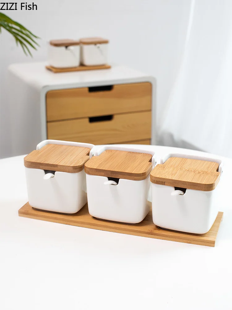 

Ceramics Spice jar set 3 piece setJapanese-style Kitchen Storage Seasoning tool With lid Kitchen accessories