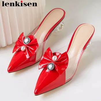 

Lenkisen superstars slip on mules pointed toe colorful crystal high heels butterfly-knot pearl decoration mature women pumps L72