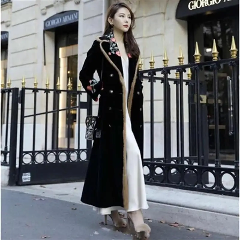 

Women Blazers Jackets Suit Ladies High end Long Sleeve Embroidered Slim Thick Mid-length Warm Jacket Velvet Black Coat Women