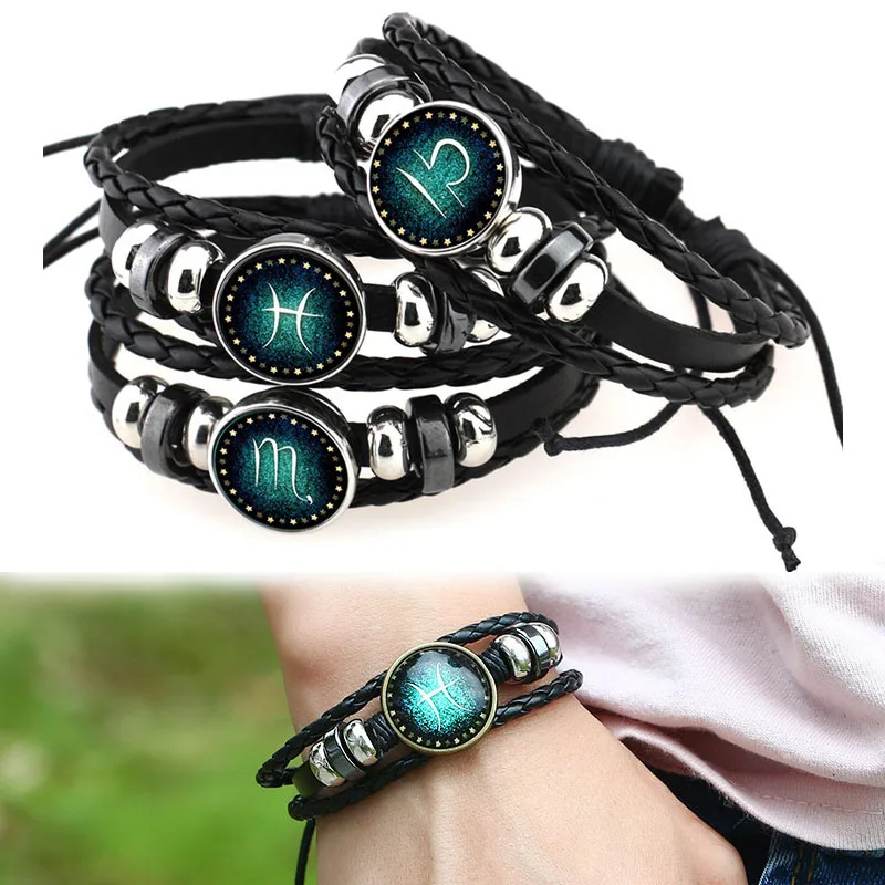 Sale-1PC-High-Quality-12-Constellations-Black-Leather-Hand-Knitting-Bracelets-For-Men-Bracelets-Gifts