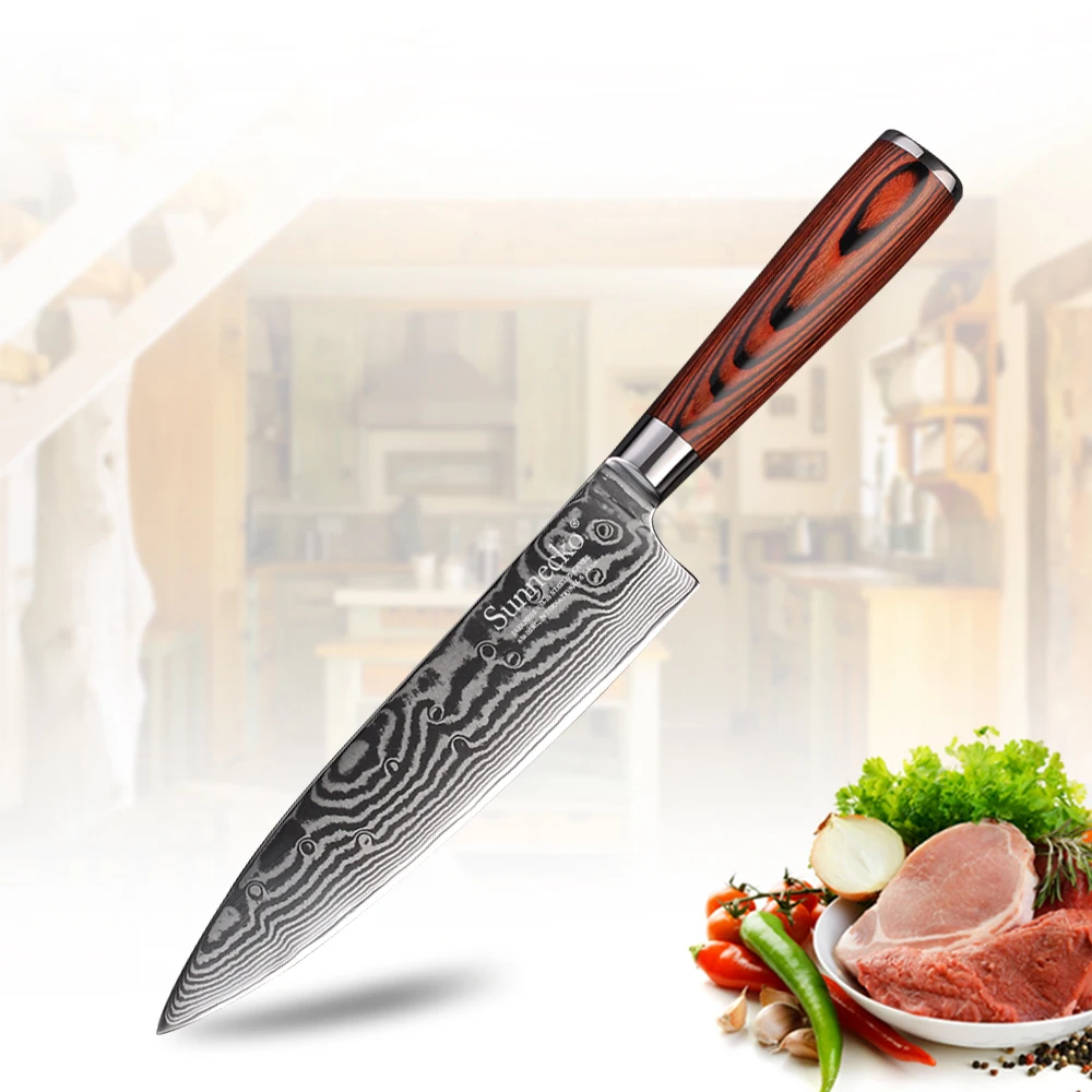 SUNNECKO 8" inch Chef's Knife Kitchen Knives Japanese Damascus VG10 Steel Sharp Blade Pakka Wood Handle Slicing Cutting Tools