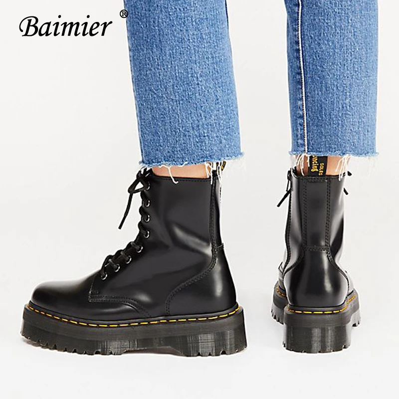 Baimier Black Patent Leather Ankle Boots For Women Lace Up Platform Boots Women Winter Warm Plush Women Boots Street Style Shoes