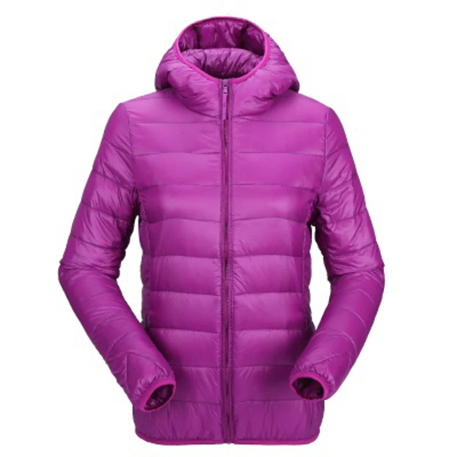 Женский ультра легкий пуховик с капюшоном, зимние куртки на утином пуху, женская тонкая парка с длинным рукавом, пальто на молнии, карманы, одноцветная - Цвет: Фиолетовый