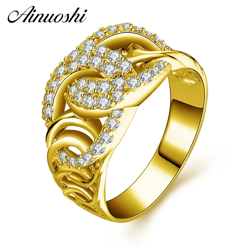 

AINUOSHI 10K Solid Yellow Gold Cluster Ring Shinning CZ C Pattern Ring Luxury Bridal Band Ring Wedding Engagement Women Jewelry