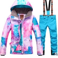 Женская синяя розовая фиолетовая Лыжная куртка и синие лыжные брюки, женский костюм для скейтбординга, катания на лыжах, куртка с лыжными штанами, лыжный костюм