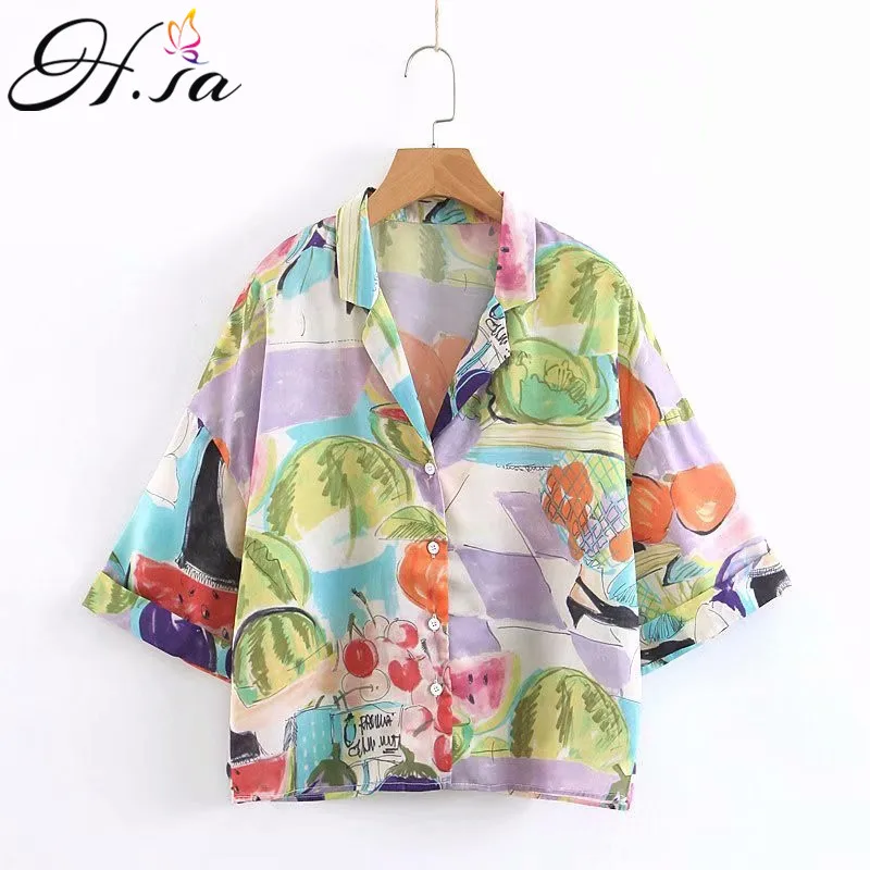 

H.SA blusas mujer de moda 2019 Women Short Sleeve Blouses Turn Down Collar Floral Print Holiday Wear Beach Shirts chemise femme