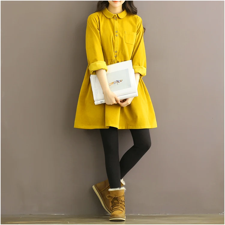 

Autumn Winter Mori Girl Dress 2018 New Women Doll Collar Loose Corduroy Dresses Female Long Sleeve Shirt Vintage Vestidos S-XXL