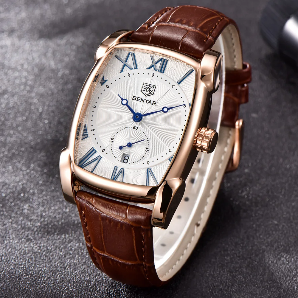 Деловые мужские часы, мужские Водонепроницаемые кожаные прямоугольные кварцевые наручные часы, мужские часы, бренд BENYAR