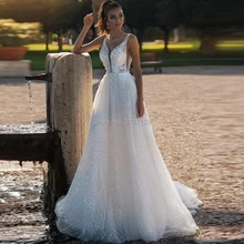 A Line Wedding Dresses Tulle Sparkling Bridal Wedding Gown Deep V Neck Sleeveless Open Back Vestido De Noiva with Court Train