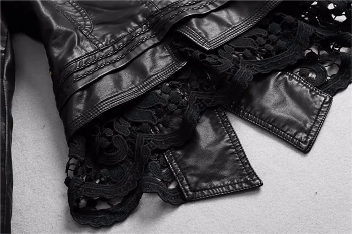 V-neck Lace Patchwork Leather Women Jacket