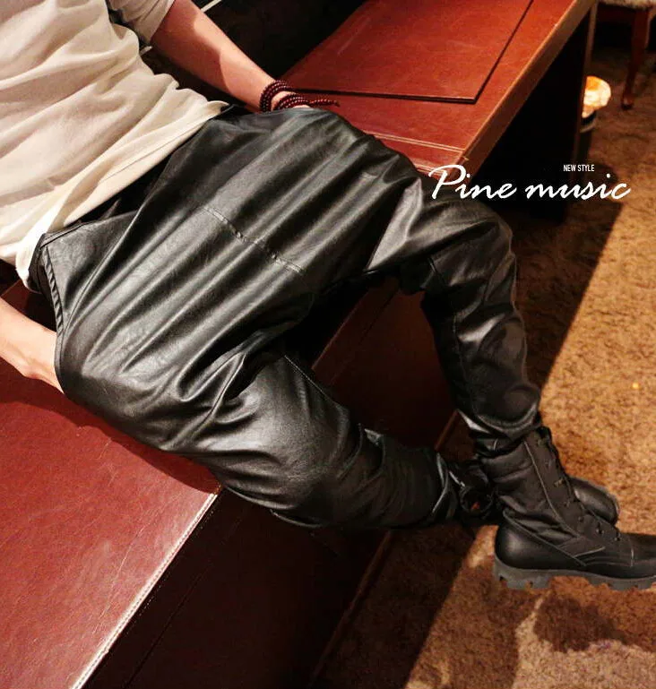 

New fashion Spring Autumn men drop crotch harem trousers men baggy Black casual punk elastic waist Plus size faux leather pants