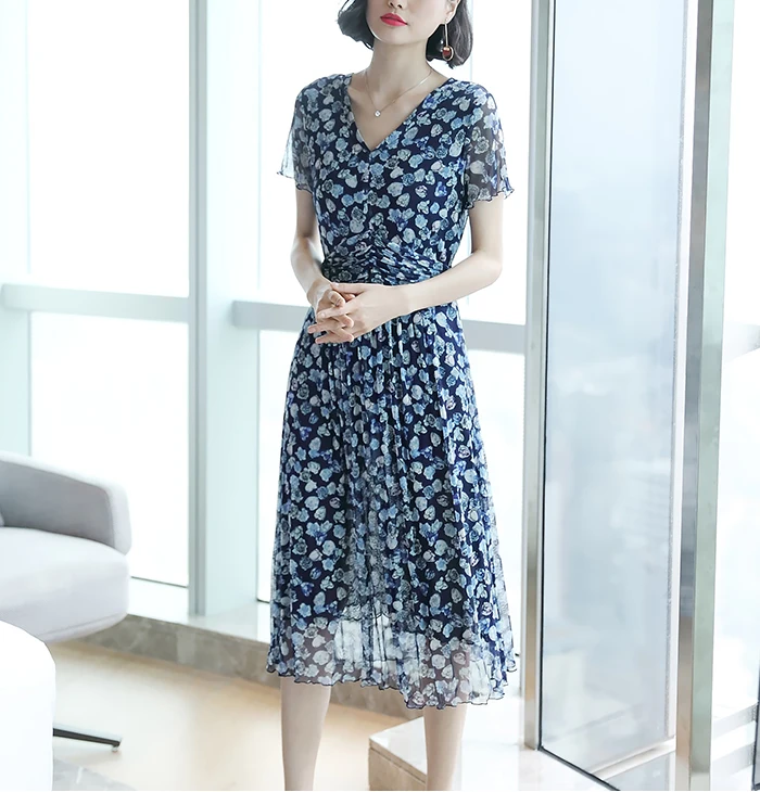 Летнее женское платье Шелковое платье Натуральный шелк Высококачественное шелковое тонкое двухслойное платье Китайское платье с коротким рукавом QDB103
