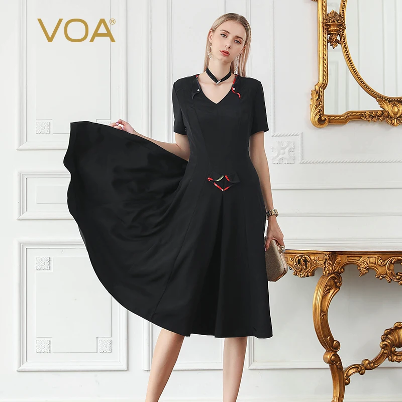 

VOA Heavy Silk V Neck Matte Black Dress Office Slim Midi Dresses Women Clothes Large Size Fall Short Sleeve Pearl Beading A875