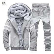 Winter Tracksuits Men Set White Line Printing Thicken Fleece Hoodies + Pants Suit Warm Casual Fleece Men's Coats Hoodie Suits
