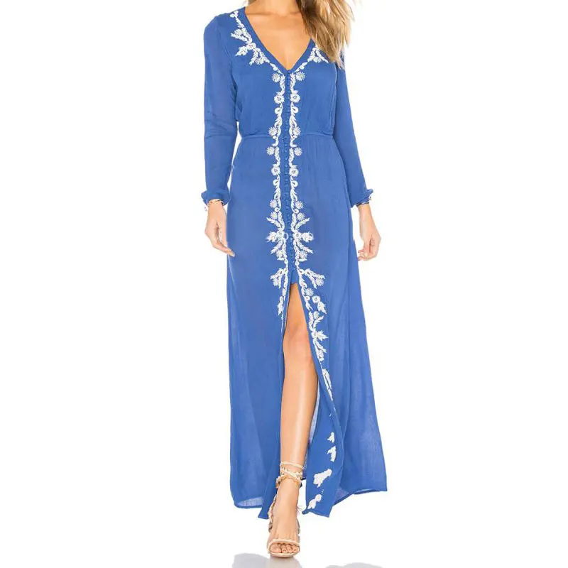 

V-Neck Boho Long Spring Summer Holiday Beach Vestidos Embroidery Dress Women Elastic Waist Button Closure Maxi Chic Dresses