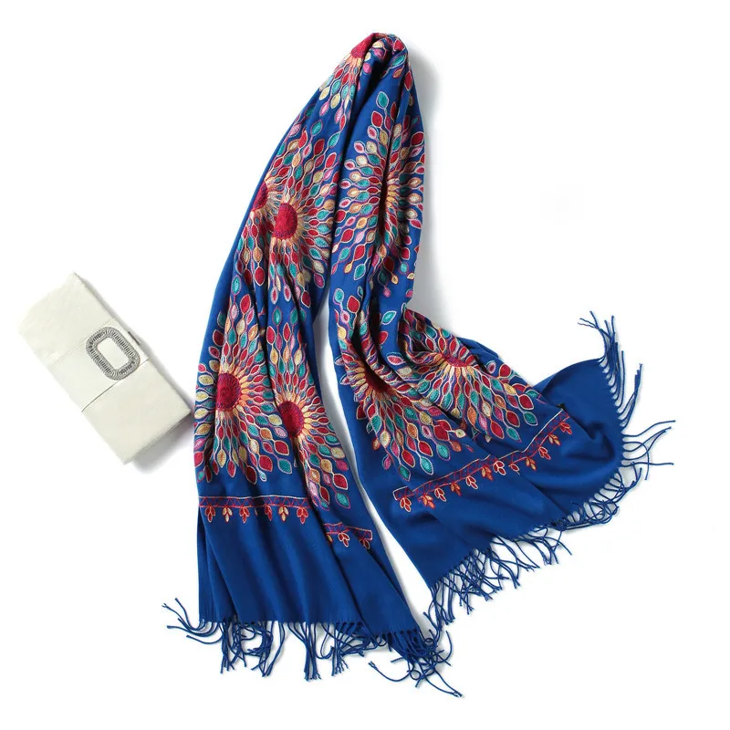 Новинка, кашемировый шарф с цветочной вышивкой, шаль для женщин, хиджаб, палантины, длинный кашемировый шарф из пашмины, шарфы на голову