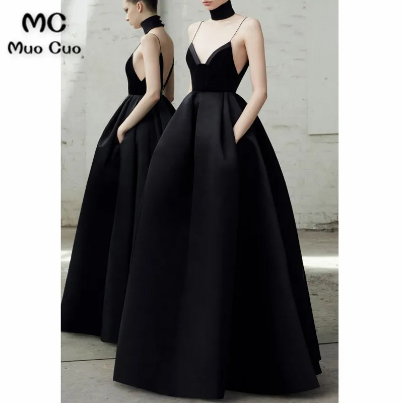 V Neck with Satin Trim, Sleeveless, Thin Straps, Velvet Bodice, A-Line Skirting, Side Slip Pockets, Exposed Back Zip, Silk Duchess, Evening Dress