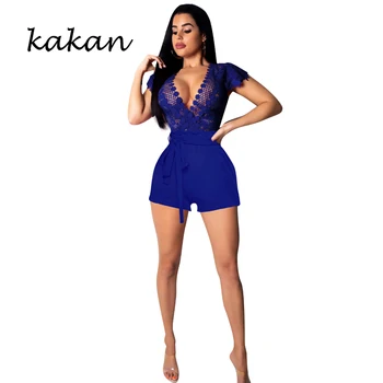 

Kakan summer new women's sexy lace jumpsuit black blue wine red jumpsuit temperament commuter jumpsuit with belt