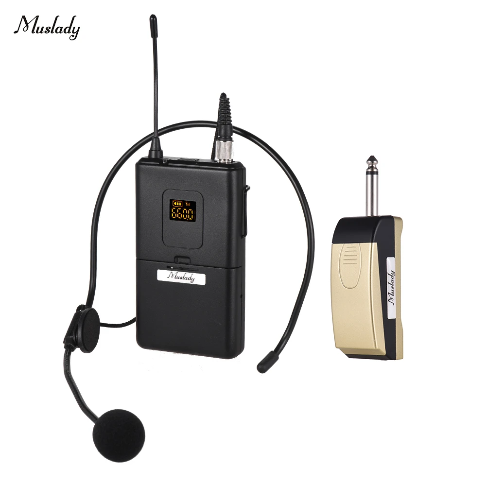 Muslady UHF Dual-Frequency Wireless Microphones Set with 1 Receiver 1 Transmitter 1 Lavalier Mic 1 Headset Mic for Teaching Meeting Live Performance 