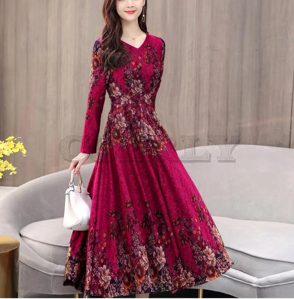 Image High Quality Hot Sale Plus Size S 3XL 2019 Spring New Arrival Fashion V Collar Flower Printed Long Sleeve Woman Long Dress