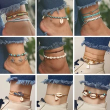 Docona Boho красочные бусины в виде Ракушки Морская звезда кисточкой кулон ножные браслеты для женщин Веревка слоистых ножной браслет ювелирные изделия для ног Браслеты