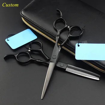 

Custom japan 440c 6 inch black bamboo hair scissors salon cutting barber makas haircut thinning shears hairdressing scissors set